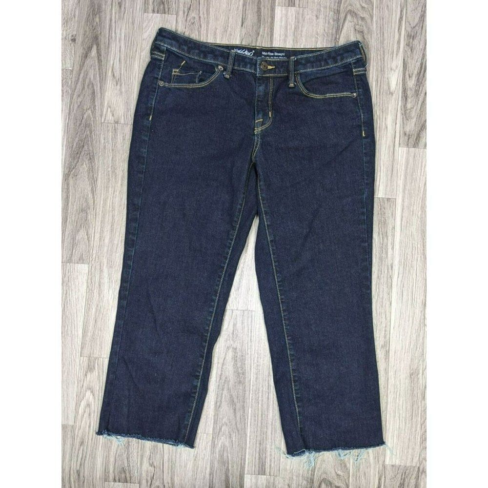 Mossimo Sz 8 Long Mid Rise Super Stretch Fringe Hem Straight Crop Jeans
